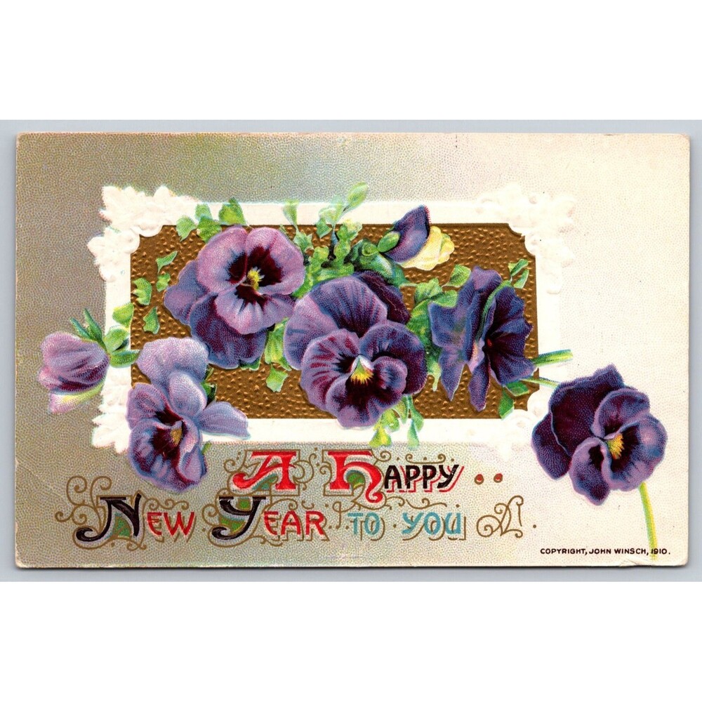 Postcard Happy New Year To You John Winsch Embossed Purple Pansy Unposted 1910